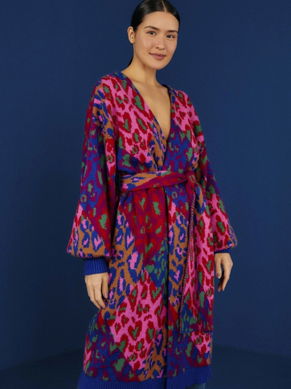 FARM Rio Multicolor Pink Red Blue Green Wool Blend Wrap Cardigan